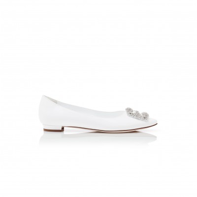 MANOLO BLAHNIK HANGISIFLATU WHITE CALF LEATHER JEWEL BUCKLE FLAT PUMPS 121-1438-0001